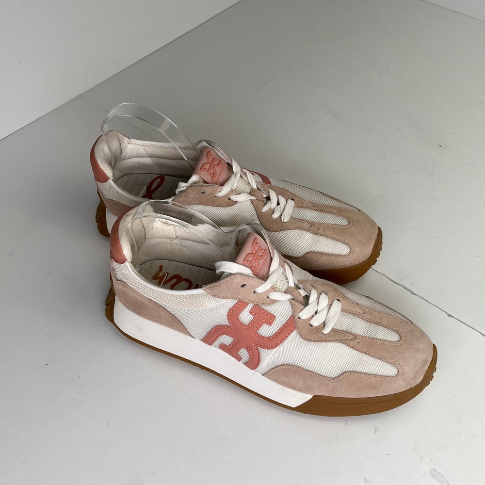 Sam Edelman Langley 3 Sneakers Womens 11M Cream Tan Coral Pink Mesh Suede Logo - Picture 11 of 16